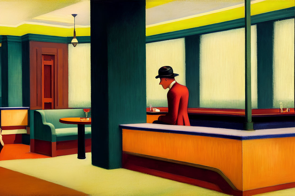 Colorful painting of solitary figure at cafe counter