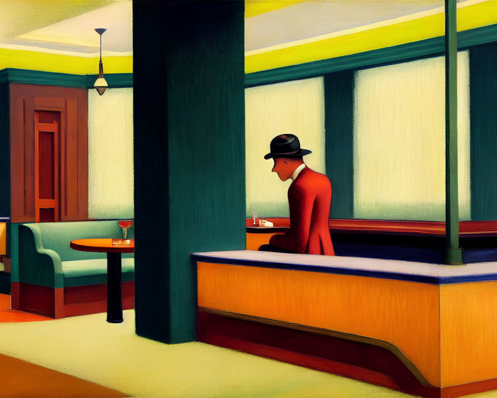 Colorful painting of solitary figure at cafe counter