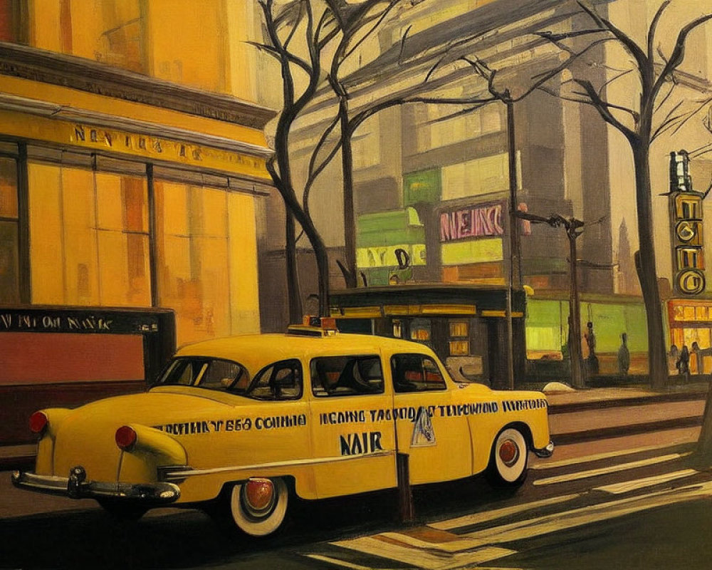 Vintage yellow taxi parked on city street with buildings and bare trees - nostalgic urban scene
