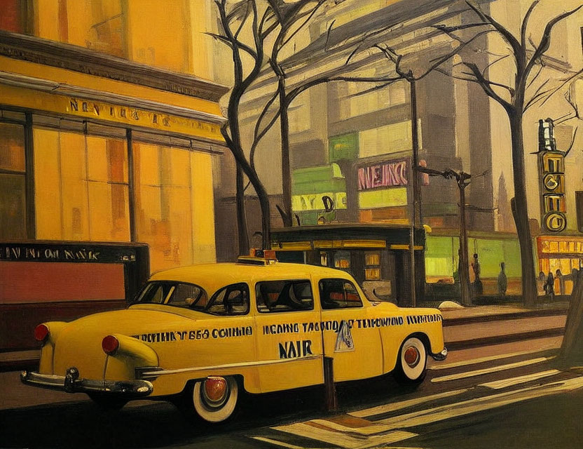 Vintage yellow taxi parked on city street with buildings and bare trees - nostalgic urban scene
