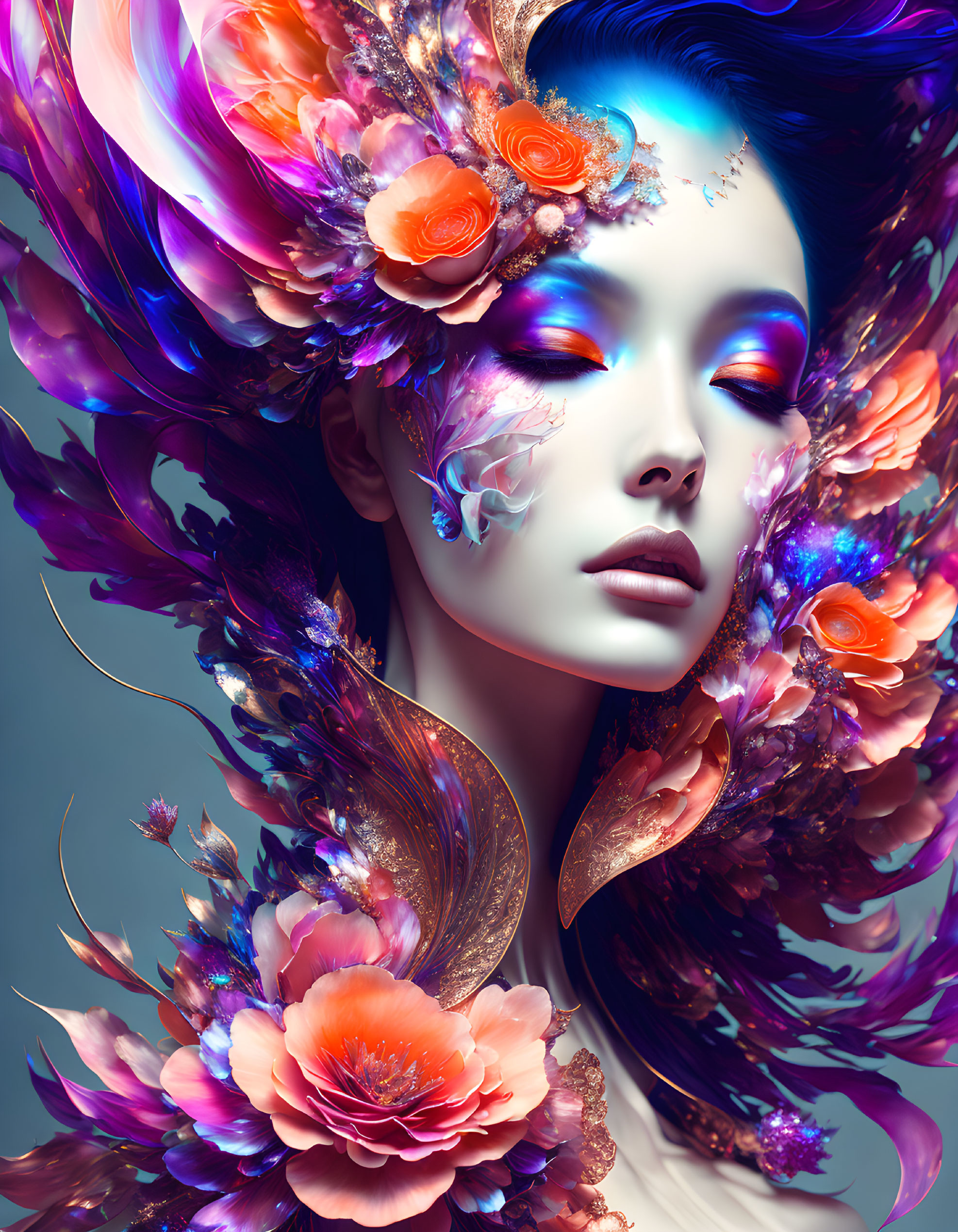 Vibrant surreal portrait of a woman with floral and feather adornments