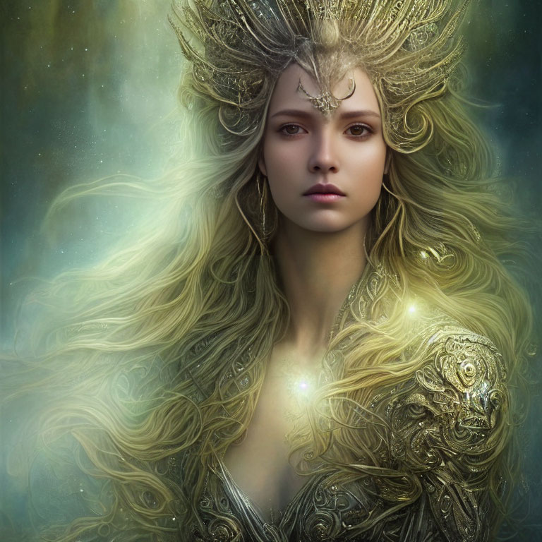 Mystical figure with golden headgear and blond hair in ethereal glow