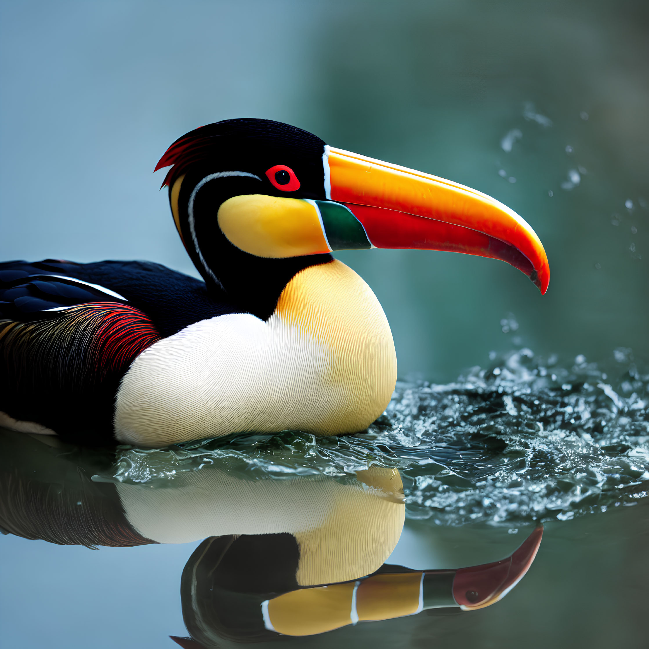 Colorful Toucan with Large Bill Reflected in Water