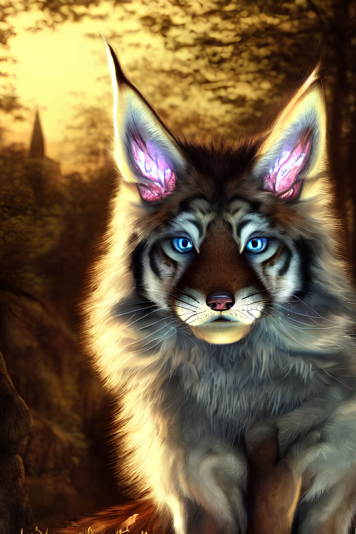 Blue-eyed anthropomorphic feline with intricate markings in autumn forest scene