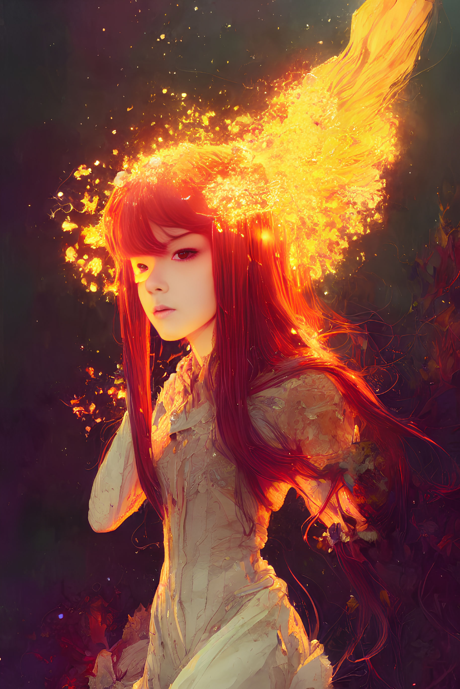 Digital illustration: Woman with fiery hair and glowing embers on dark background