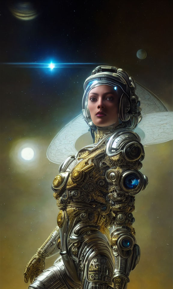 Detailed futuristic spacesuit with transparent wings on woman against cosmic backdrop