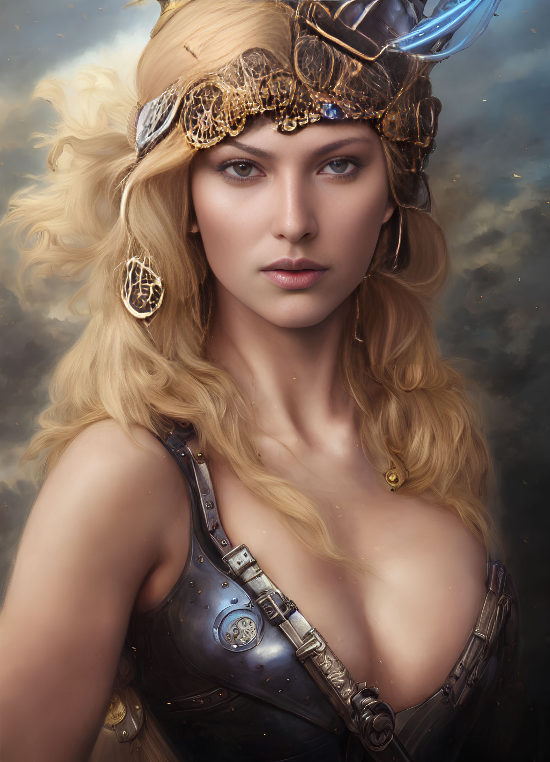 Blonde woman in fantasy armor with blue gemstone under cloudy sky