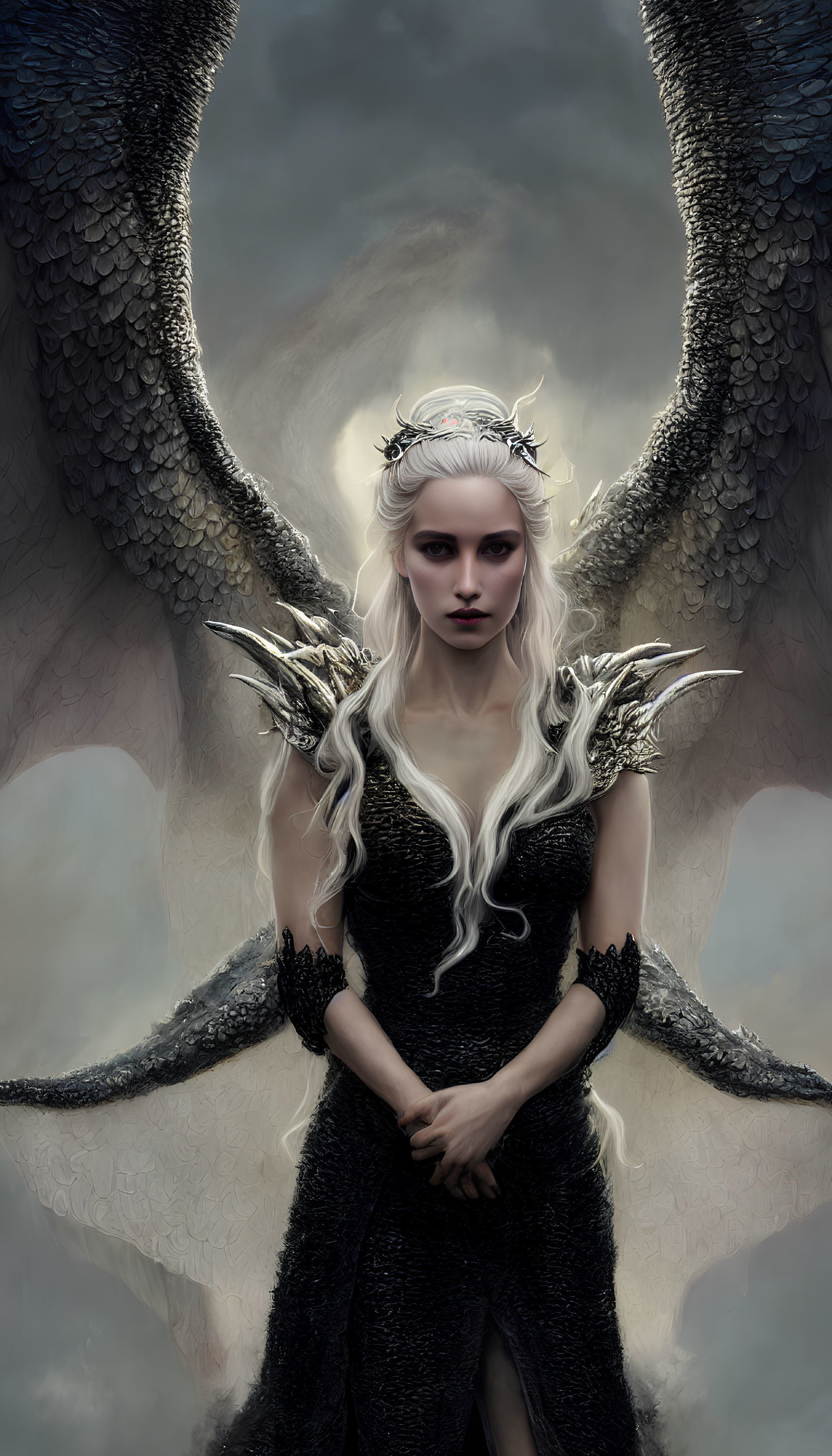 Platinum blonde woman in dark attire with giant dragon wings