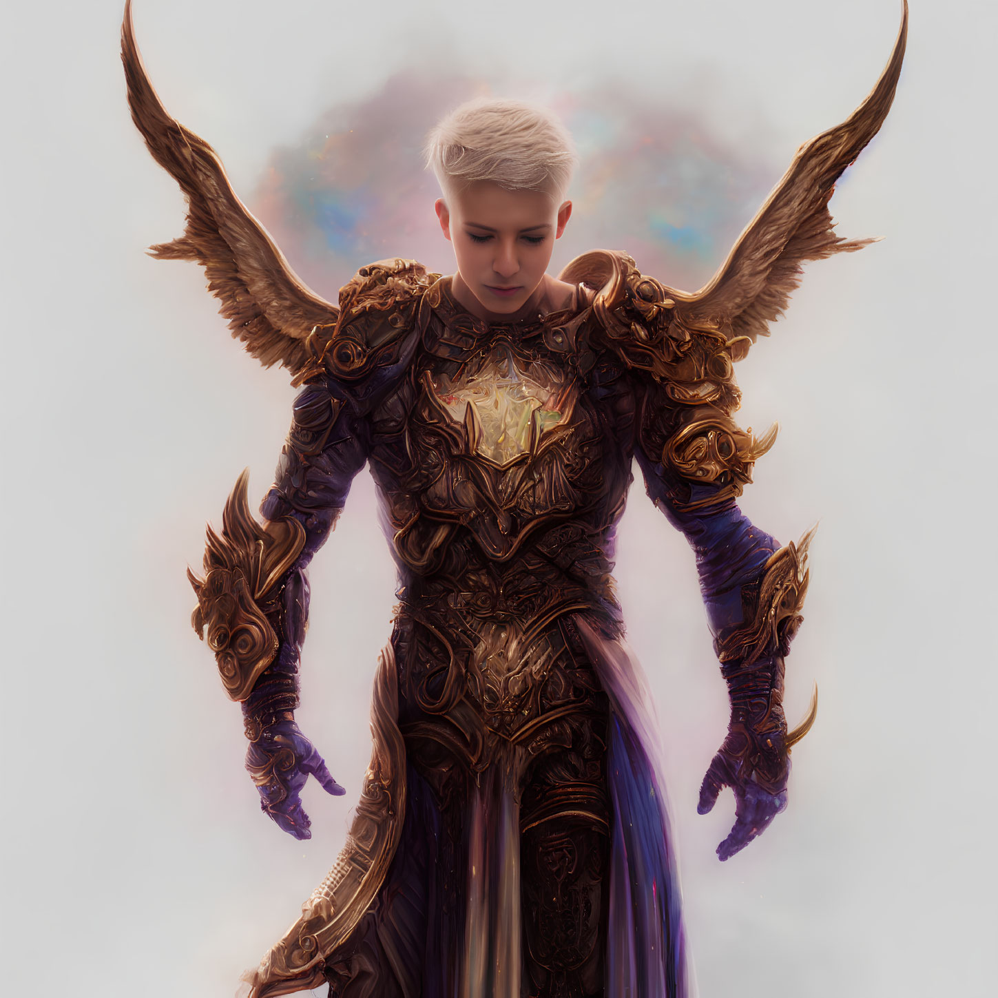 Short-haired person in golden winged armor exudes confidence