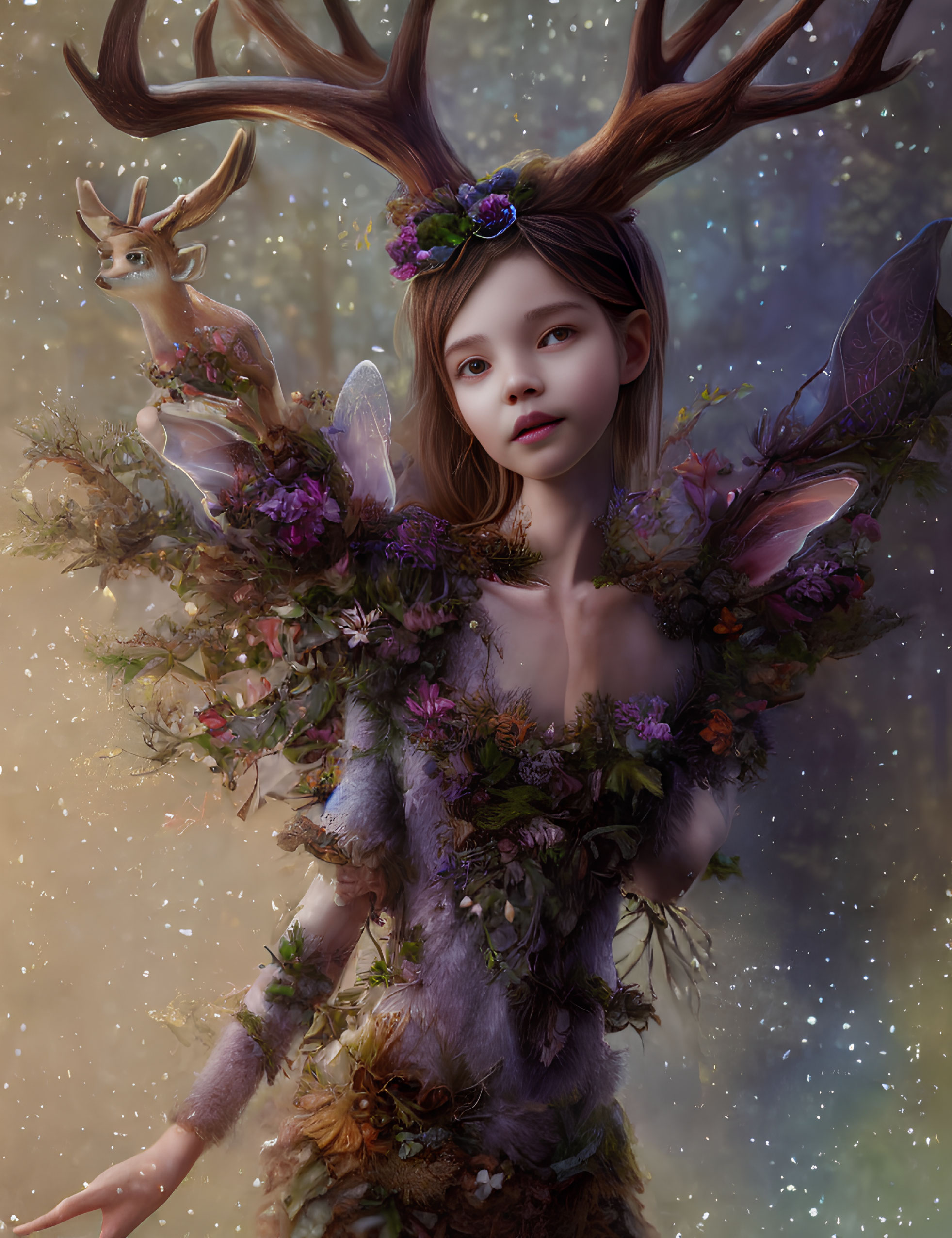 Child with Antlers, Fairy Wings, and Deer in Enchanted Scene