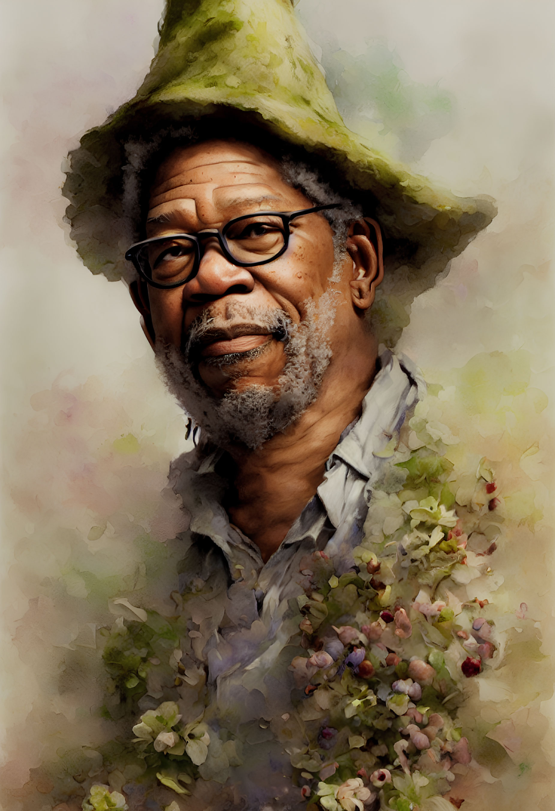 Smiling gentleman with glasses in wide-brimmed hat and floral shirt portrait