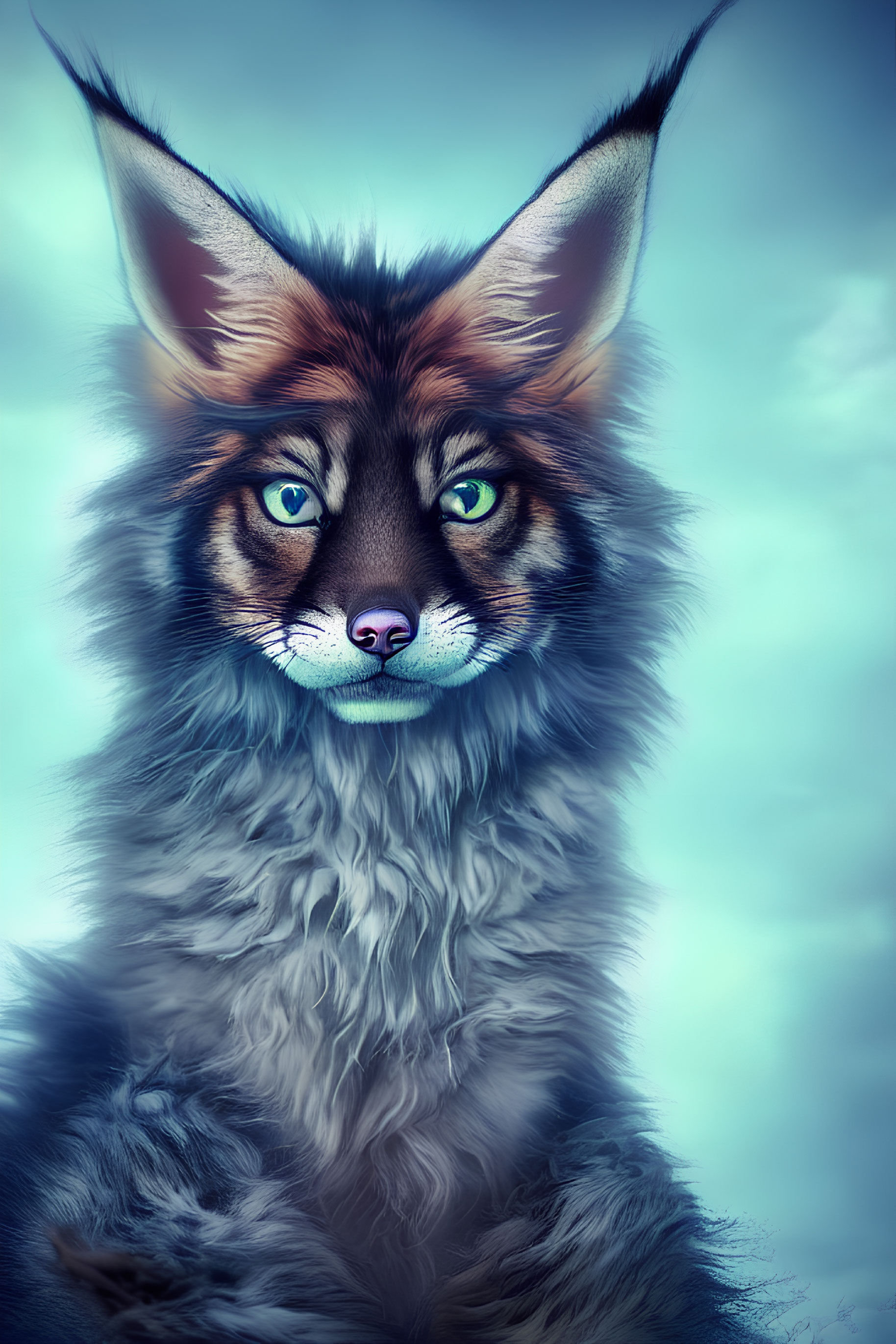 Detailed anthropomorphic fox character with green eyes on teal background