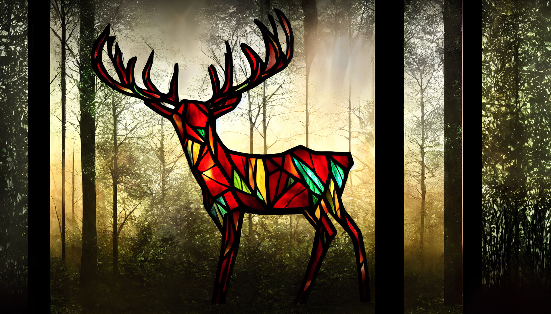 Colorful Stained Glass Deer in Misty Forest Setting