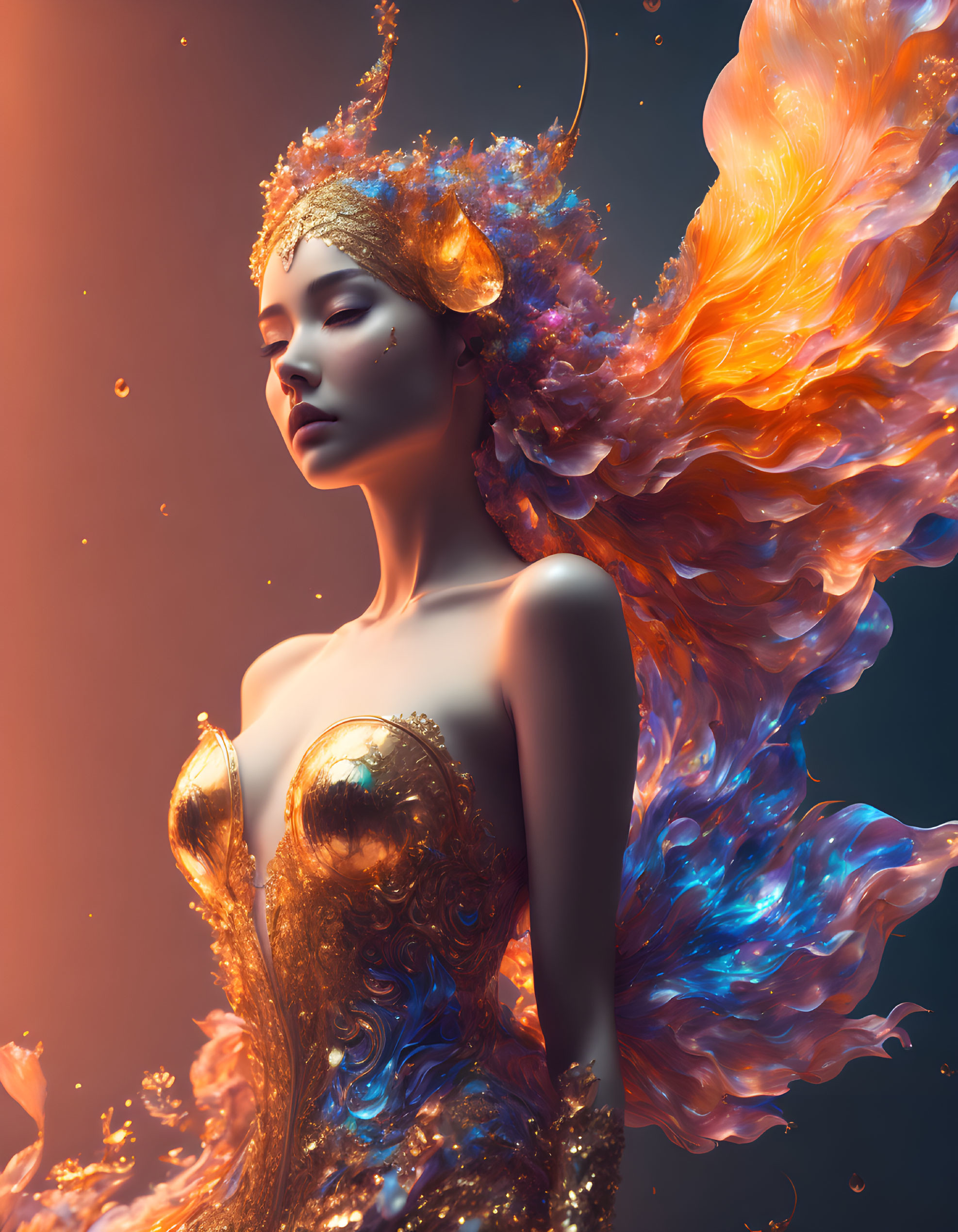 Golden figure in ethereal flames and particles with crown, blue and orange hues