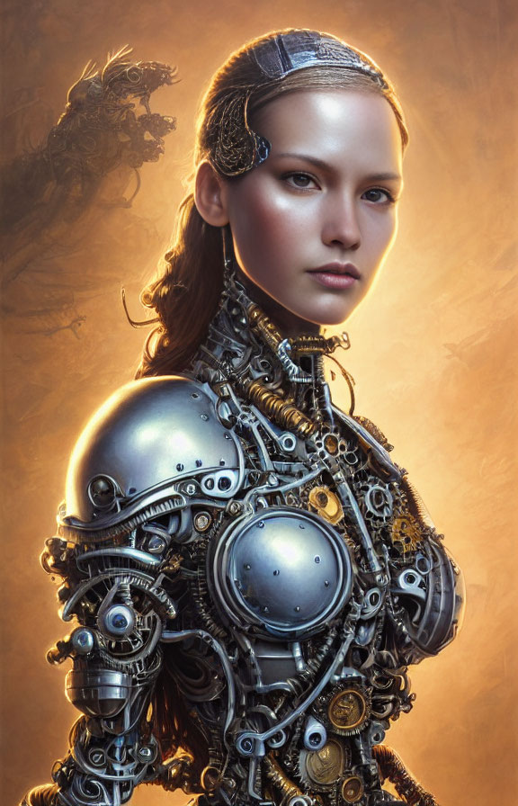 Cybernetic armored woman with intricate details and sleek headpiece on warm glowing backdrop