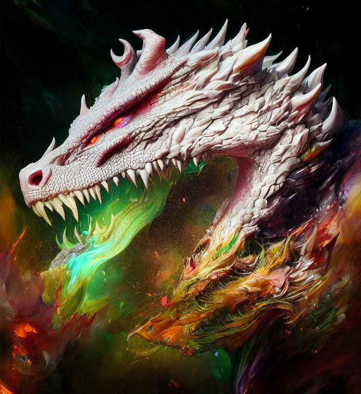 Dual-headed dragon digital artwork with ice and fire breath on mystical background