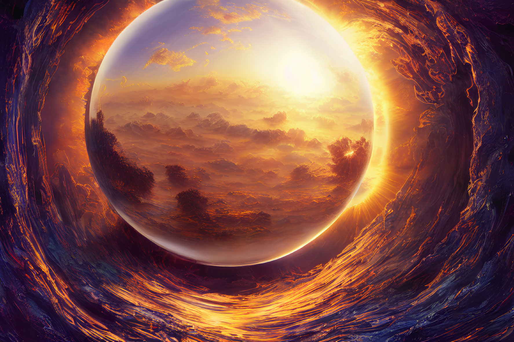 Surreal landscape with luminous orb and fiery sky swirls