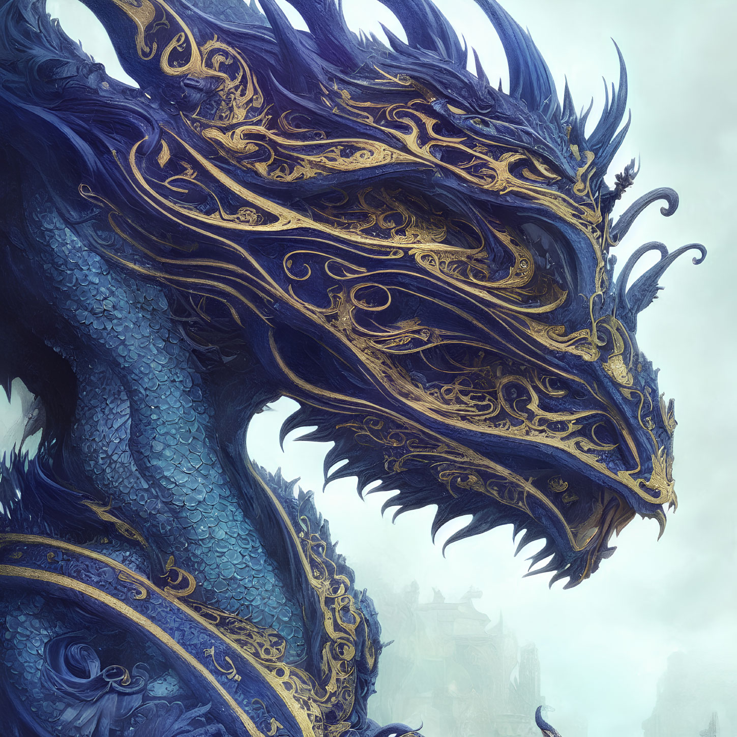 Blue dragon with golden accents in misty castle background