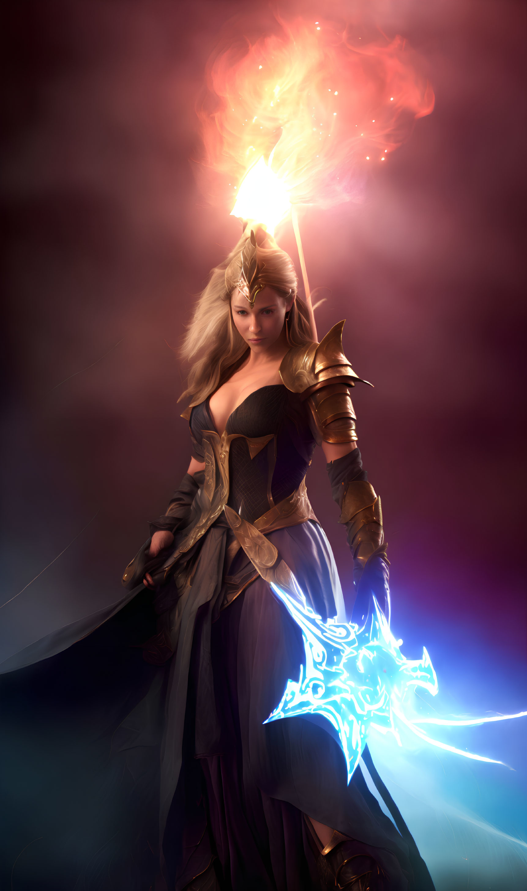 Female warrior with glowing blue axe and fiery torch in golden armor on dramatic red and purple backdrop