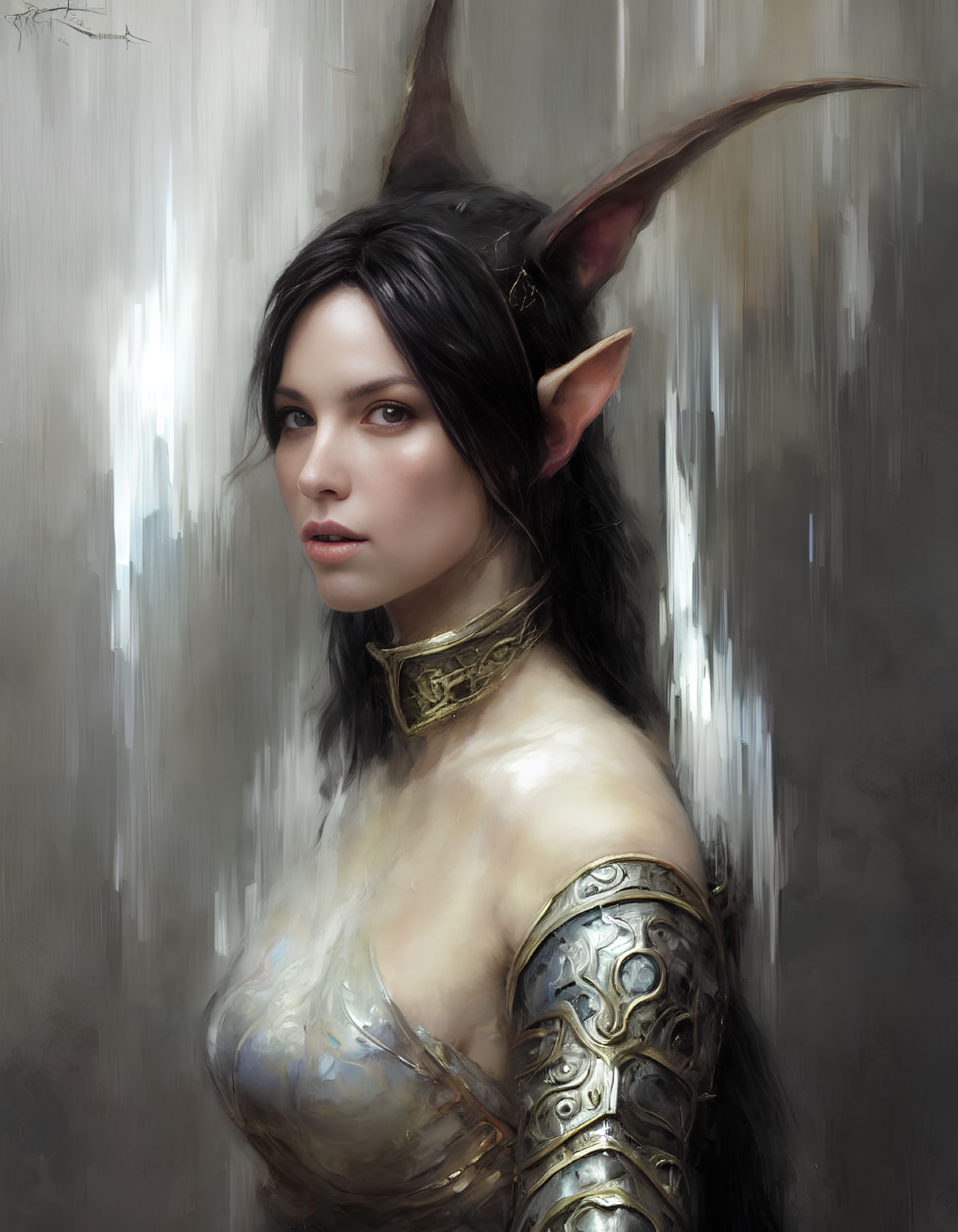 Fantasy female elf portrait with pointed ears, dark hair, and ornate metallic armor