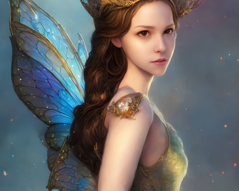 Whimsical digital artwork of fairy with blue wings and golden crown