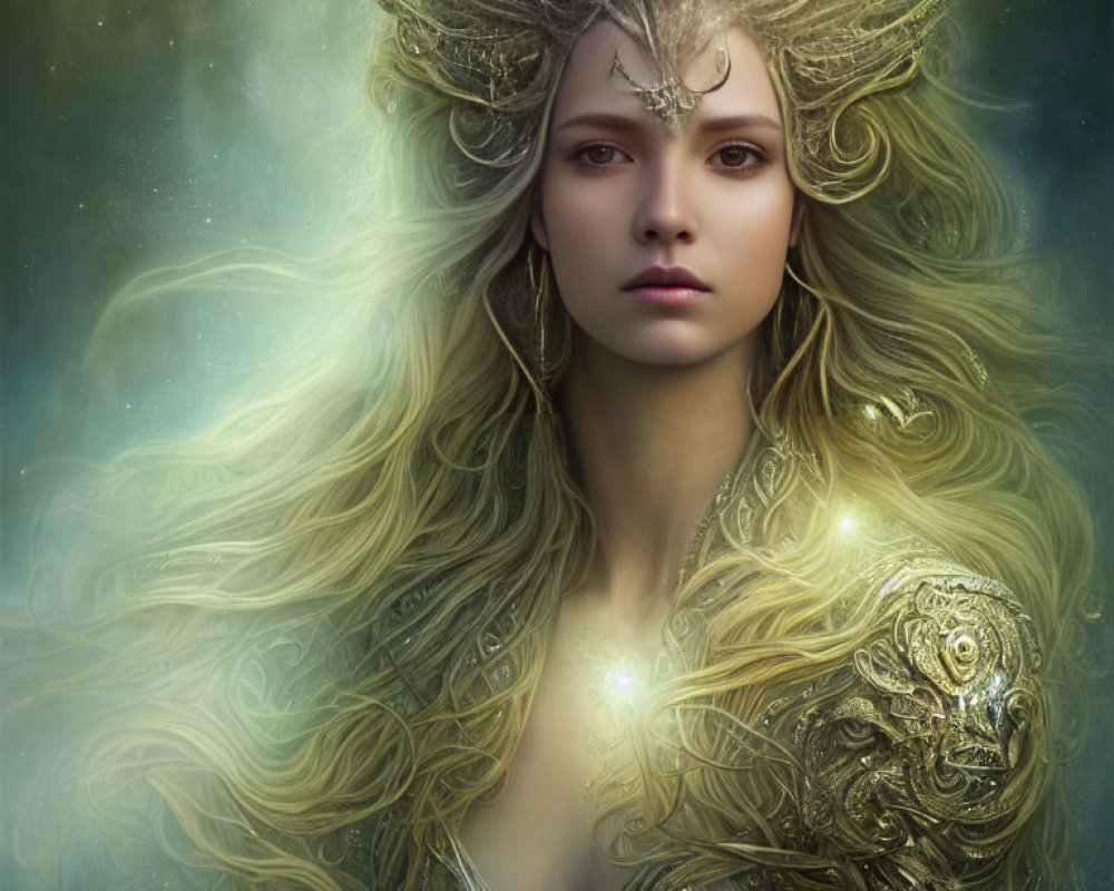 Mystical figure with golden headgear and blond hair in ethereal glow