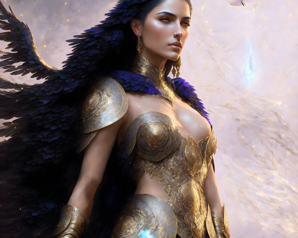 Fantasy warrior woman with golden armor and raven wings in magical setting