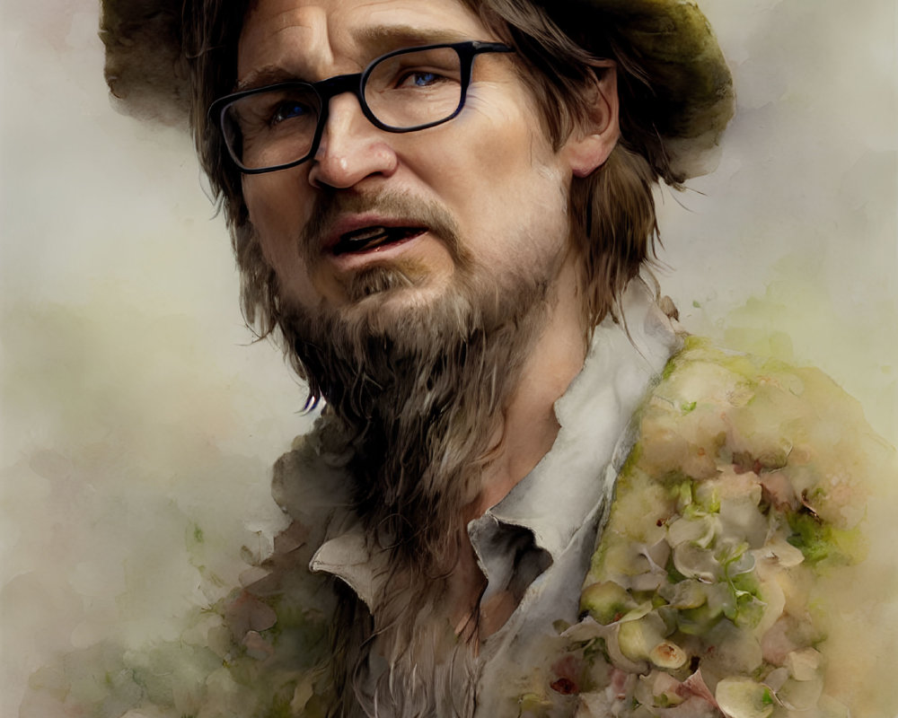 Man in Glasses with Mossy Hat and Flower Coat in Soft Focus Painting