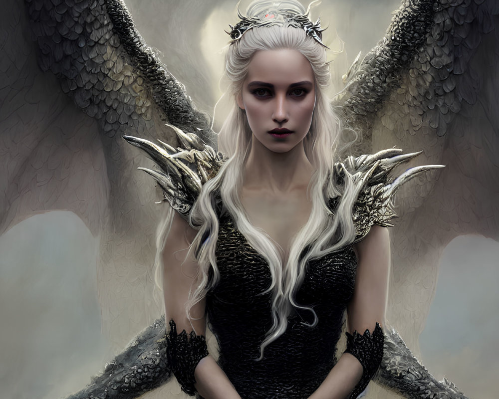 Platinum blonde woman in dark attire with giant dragon wings