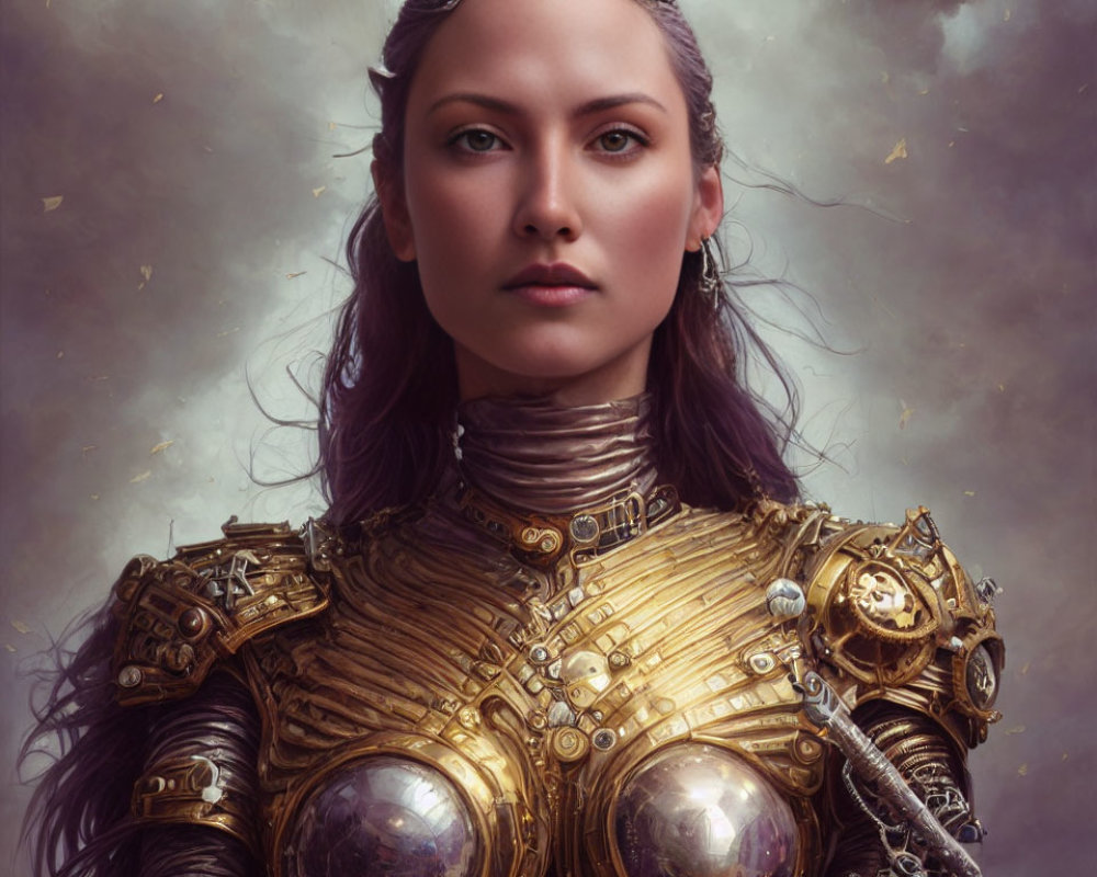 Regal figure in golden armor with crown on mystical backdrop