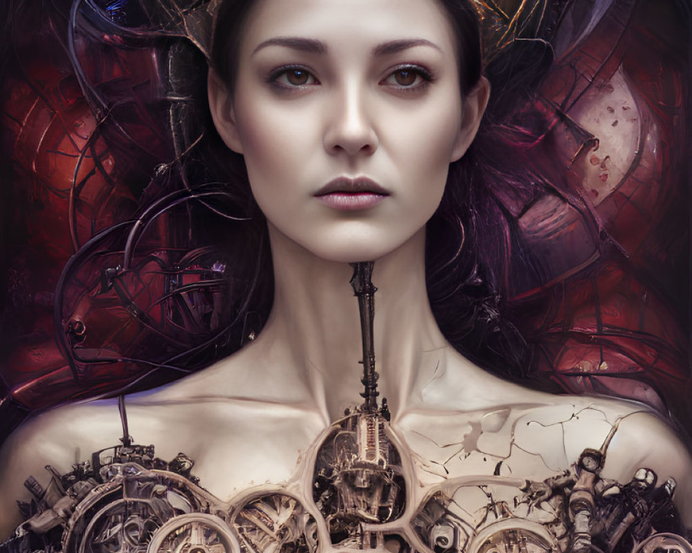 Surreal portrait of woman merging with clockwork gears and halo.
