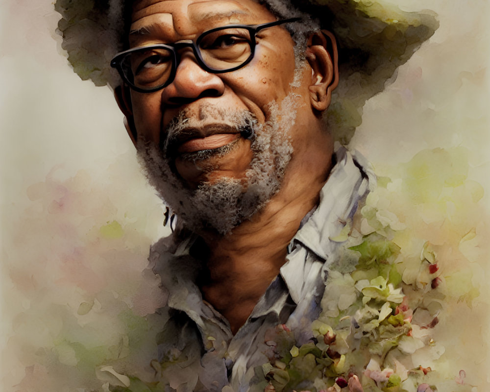 Smiling gentleman with glasses in wide-brimmed hat and floral shirt portrait