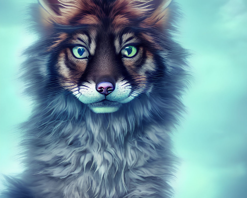 Detailed anthropomorphic fox character with green eyes on teal background