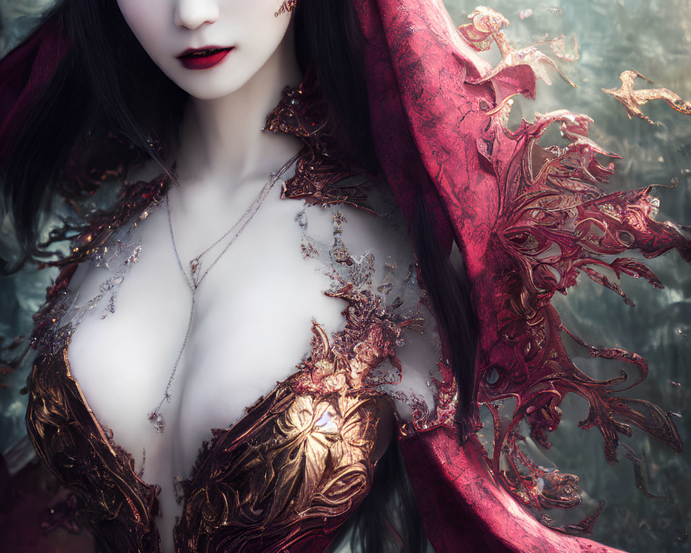Pale woman in red & gold dress in mystical landscape