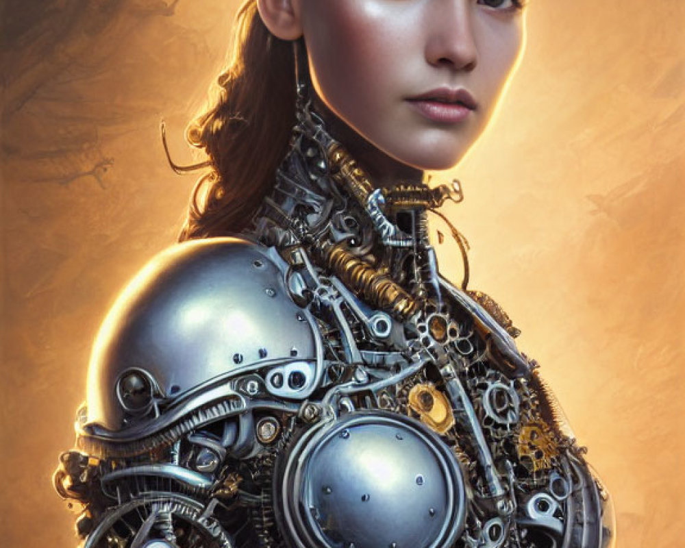 Cybernetic armored woman with intricate details and sleek headpiece on warm glowing backdrop