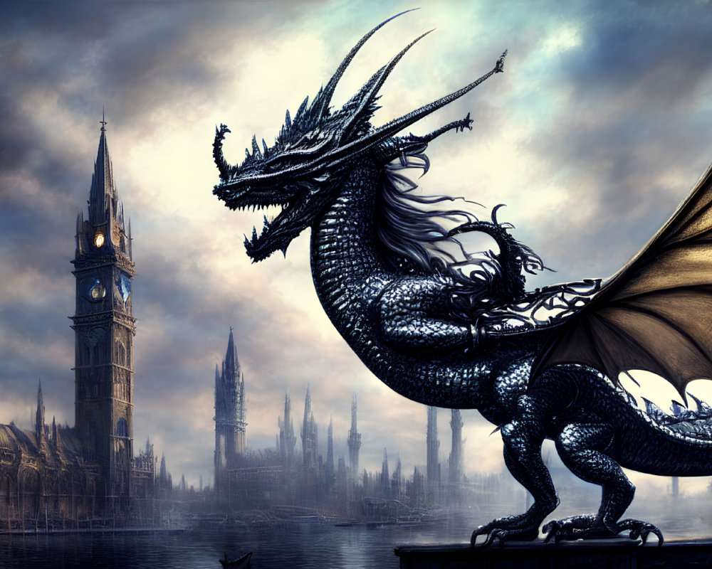 Black dragon by misty river near gothic skyline with clock tower