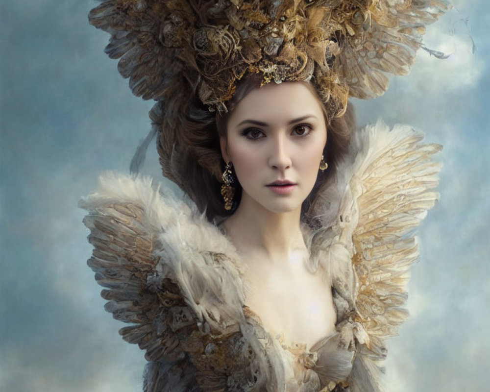 Woman in owl-themed headdress and costume against misty backdrop