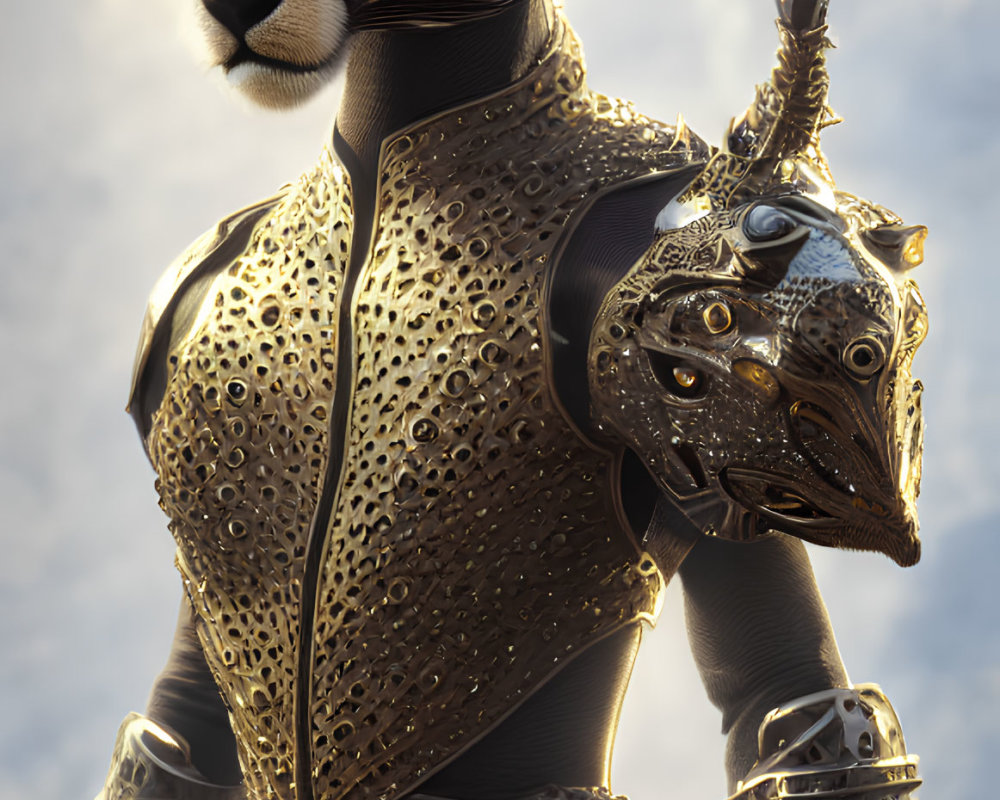 Anthropomorphic Cheetah Warrior in Golden Armor with Crescent-Bladed Staff