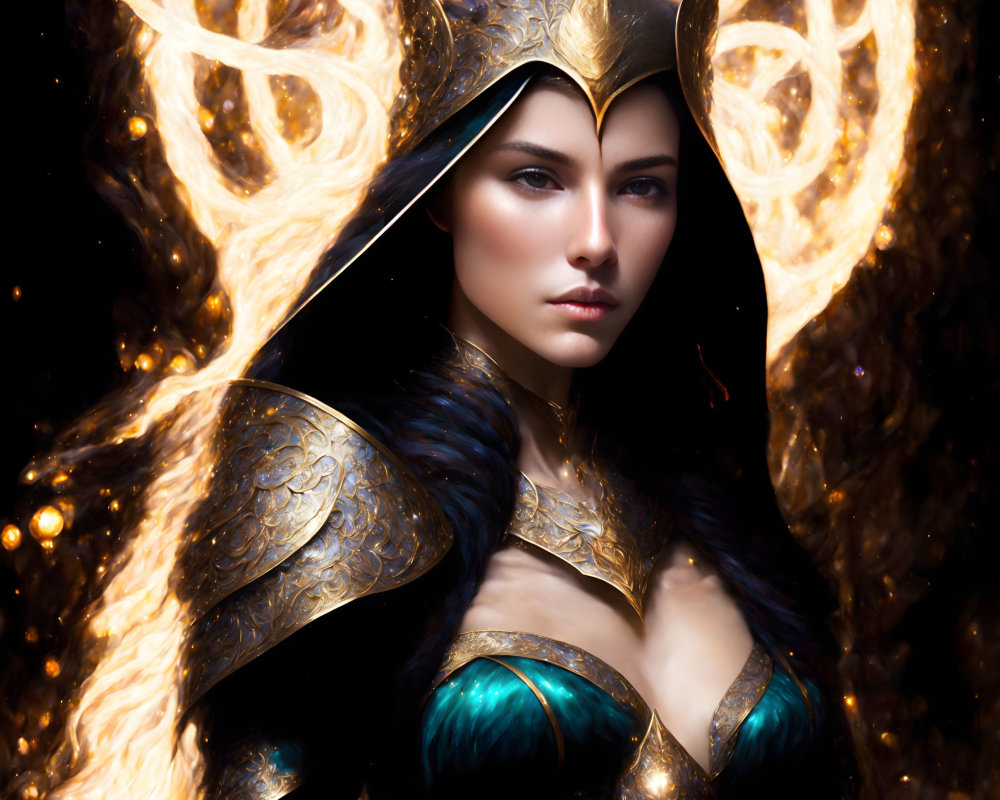 Fantasy woman in golden armor with fiery aura and intense gaze