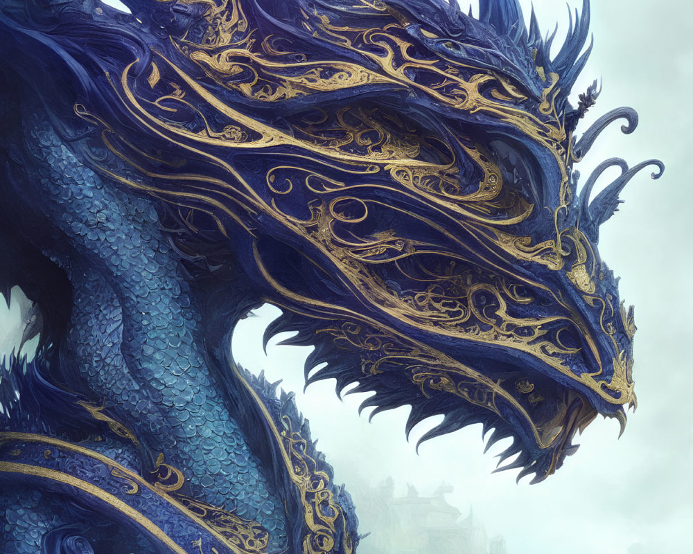 Blue dragon with golden accents in misty castle background