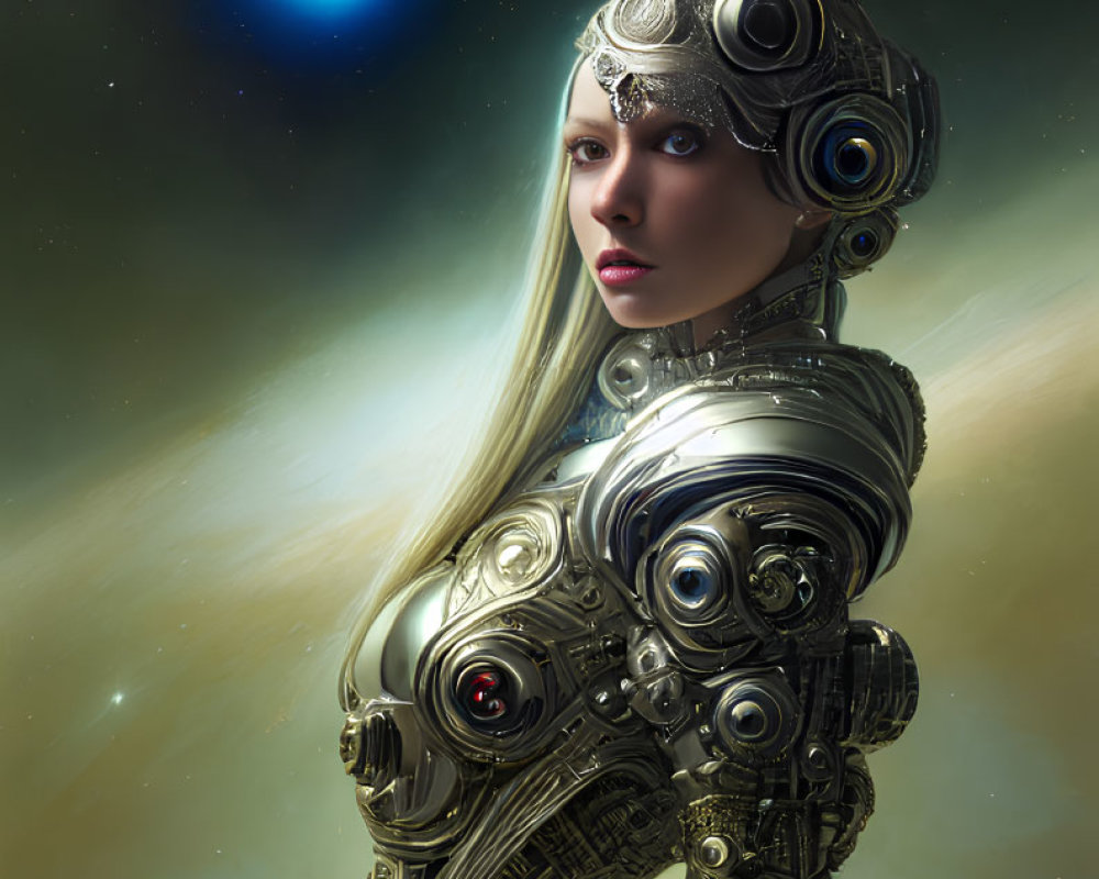 Female Cyborg in Intricate Armor and Helmet in Cosmic Setting