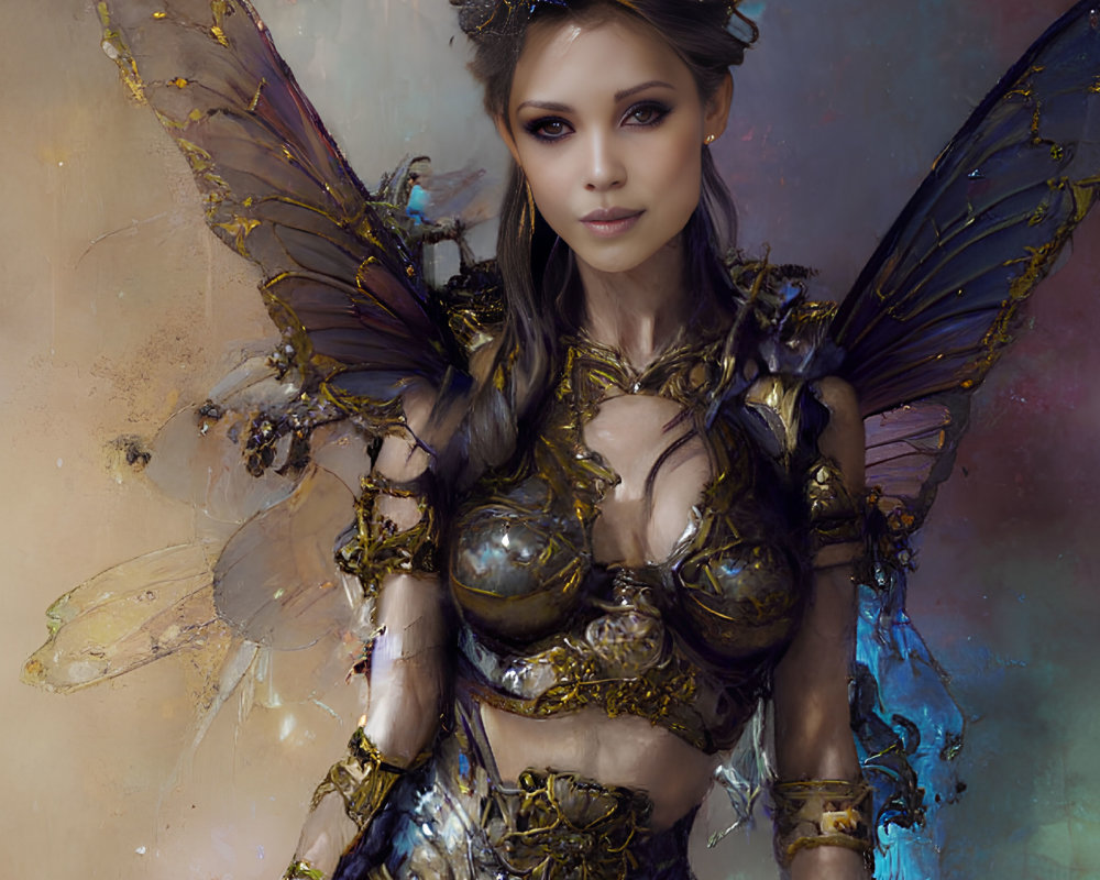 Digital art of a woman in golden armor with fairy wings