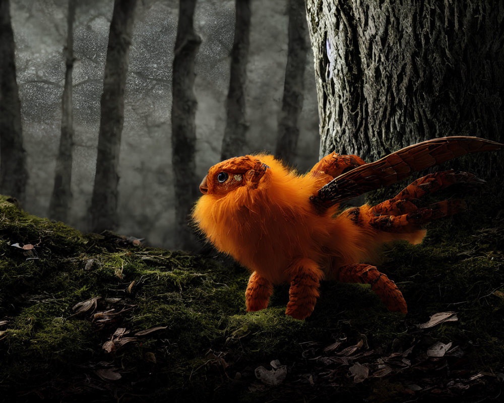 Fuzzy winged creature with large eyes in misty forest landscape