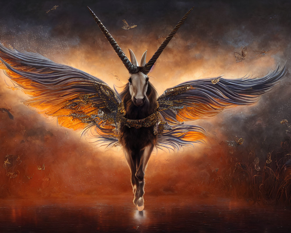Majestic winged unicorn in fiery landscape with butterflies