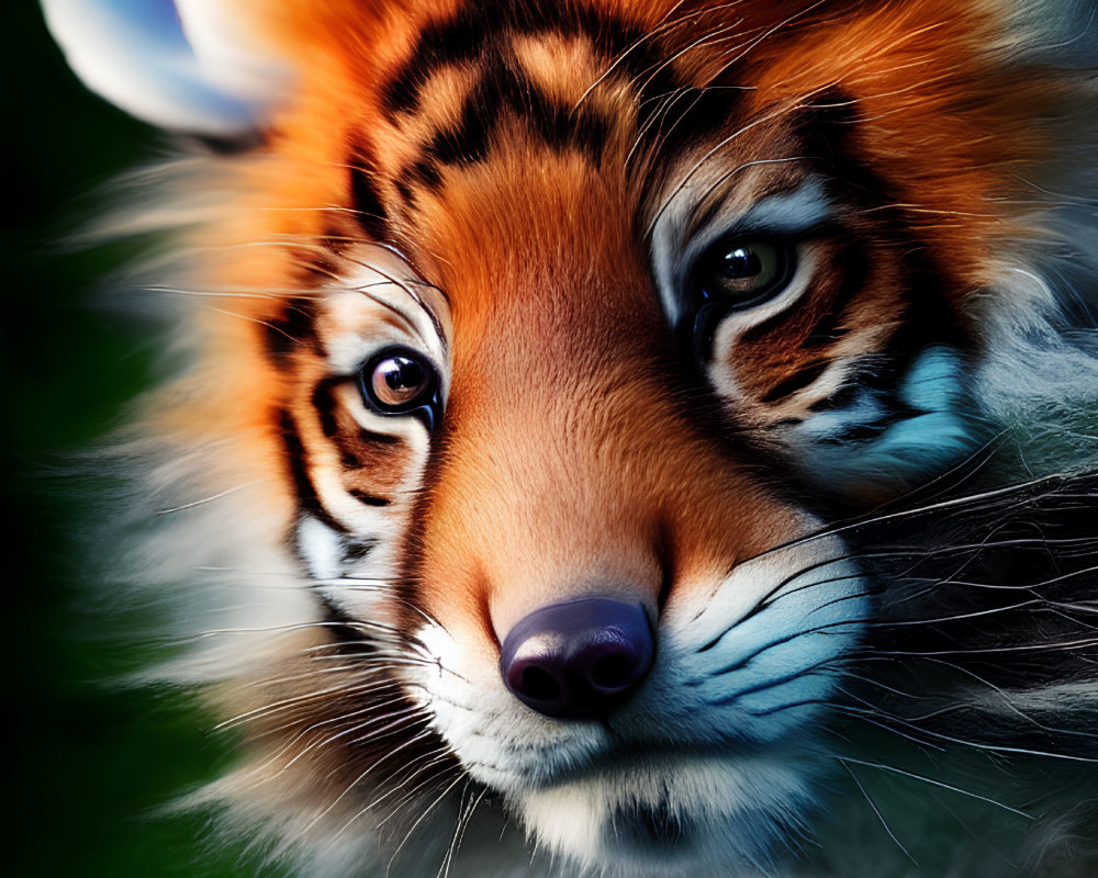 Detailed Tiger Artwork: Blue-Eyed Tiger with White Fur against Dark Background