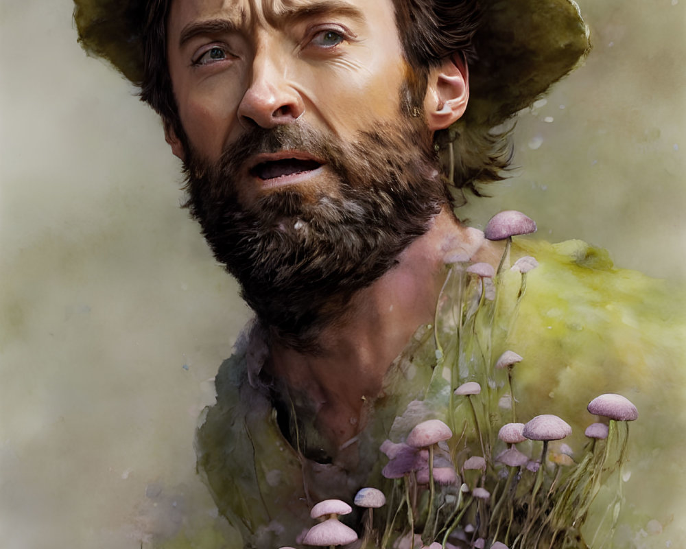 Whimsical portrait of a man with a beard and hat, accompanied by a gnome and mushrooms