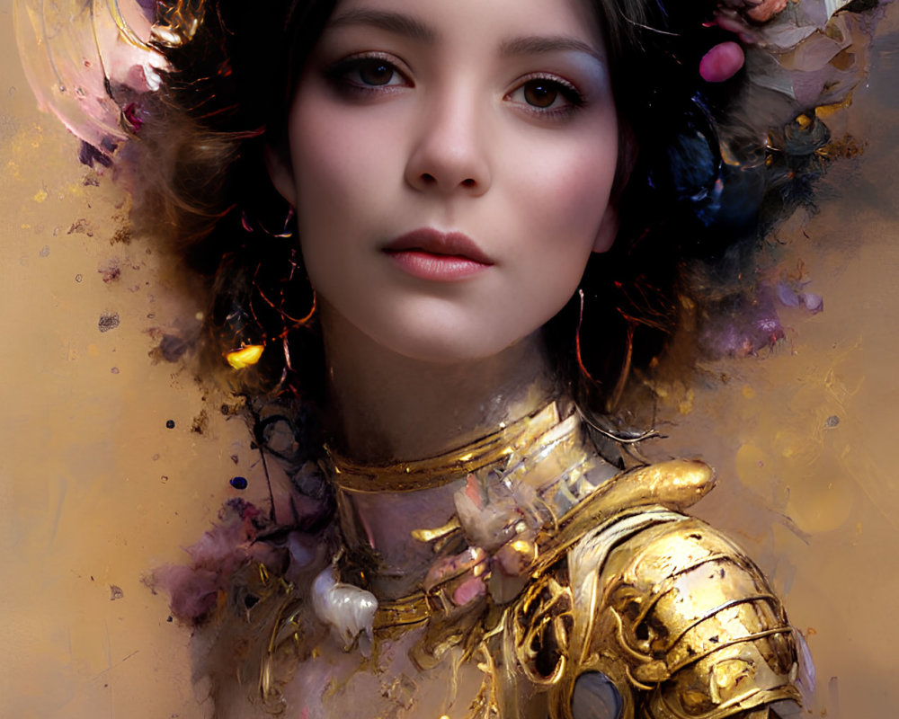 Portrait of Woman in Gold Armor and Floral Headdress with Soft Pastel Colors