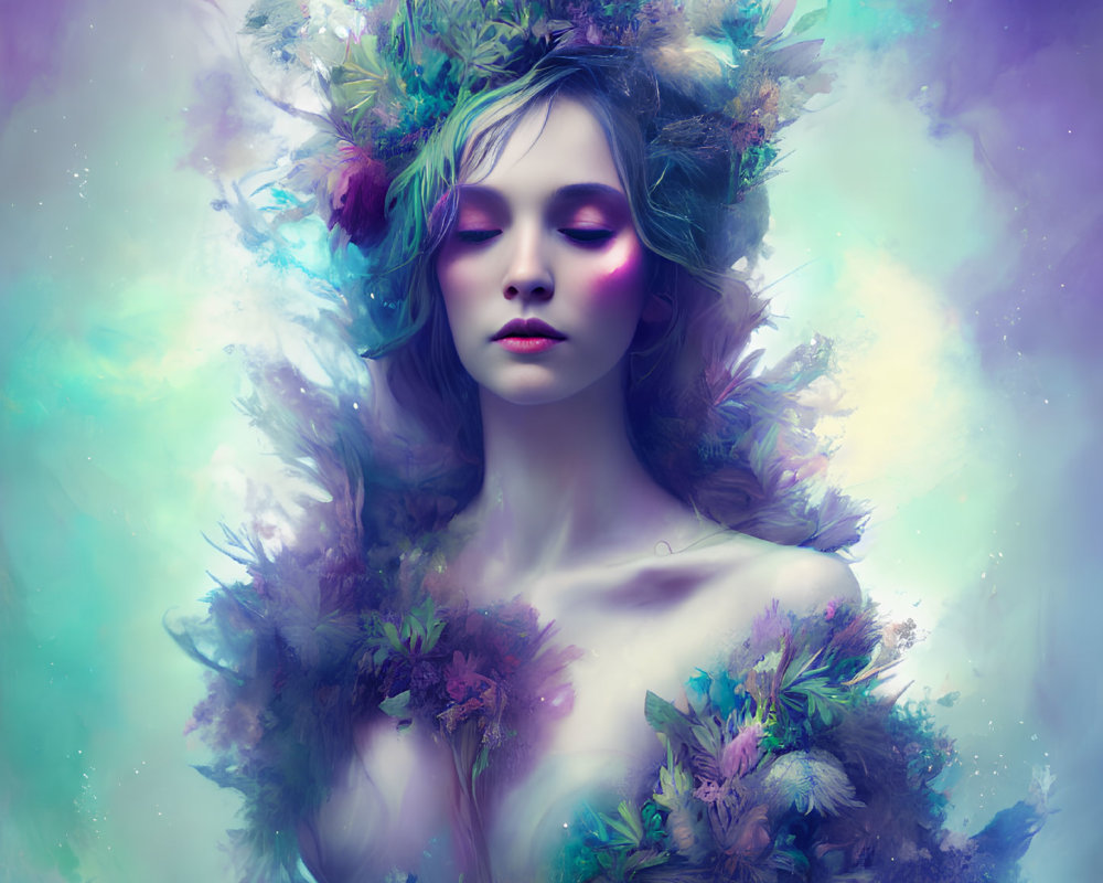 Surreal portrait of woman with floral adornments on purple and teal background
