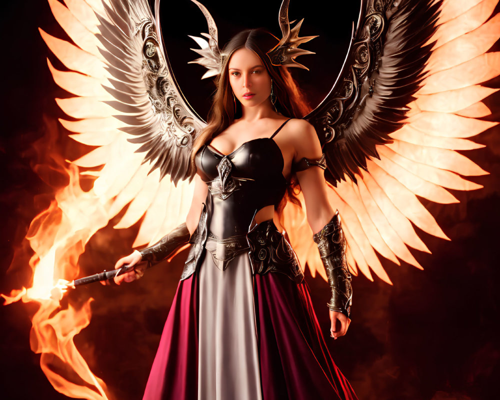 Fantasy character with fiery wings and sword in dark background.