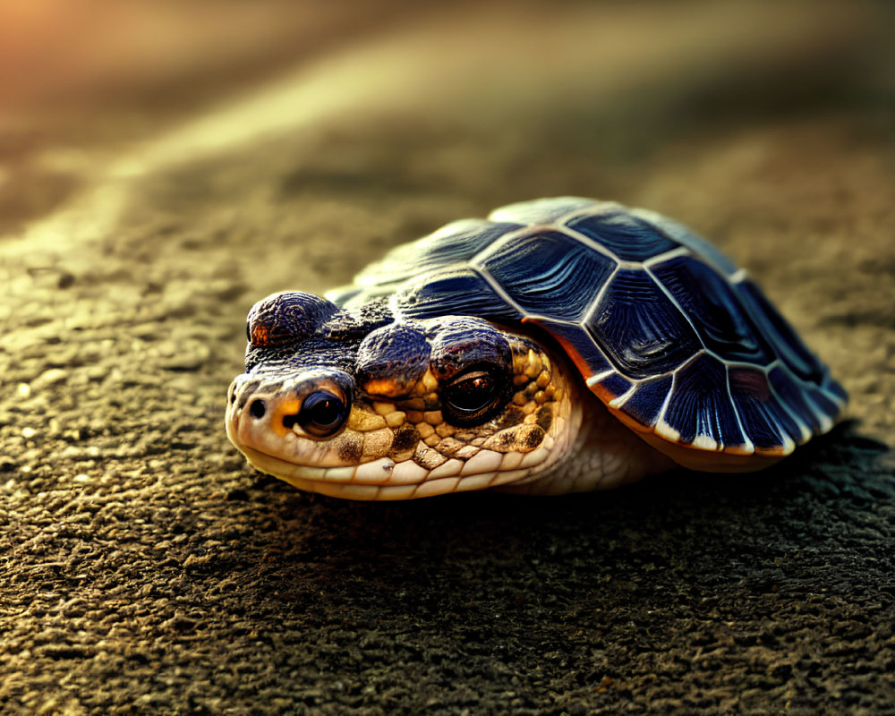 Patterned Shell Turtle Resting on Textured Surface in Warm Sunlight